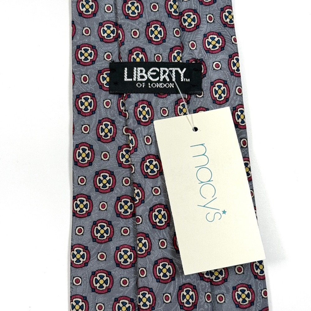 VTG Liberty of London Mens‎ Silk Geometric Pattern Tie Gray Red Yellow NWT W: 4"